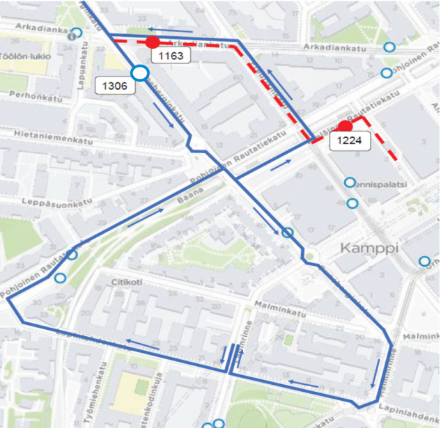 Useat linjat poikkeusreitillä Kampissa neljänä yönä 30.8-4.9.