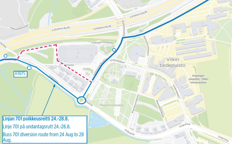 Lähibussi 701 poikkeusreitillä Viikissä 24-28.8.