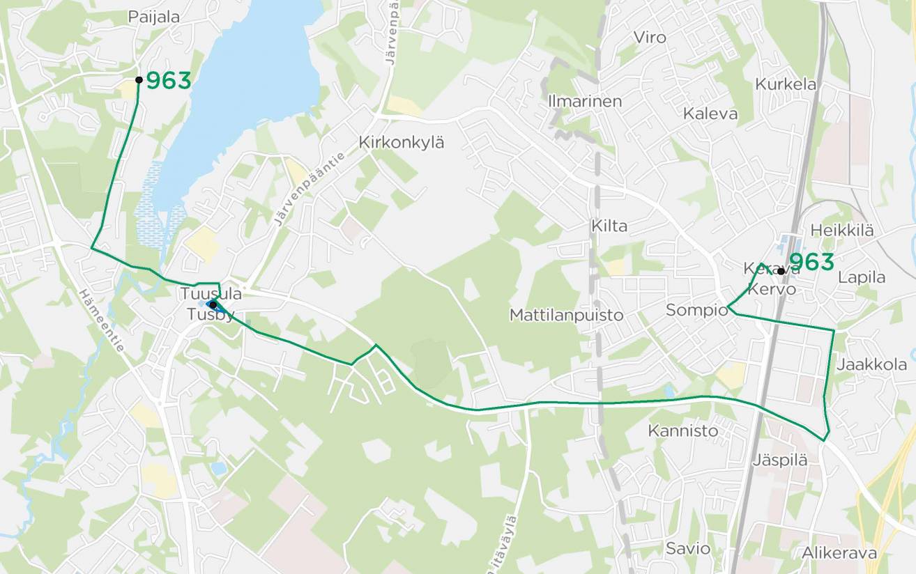 Linjan 963 Paijala - Hyrylä - Rykmentinpuisto - Kerava reitti