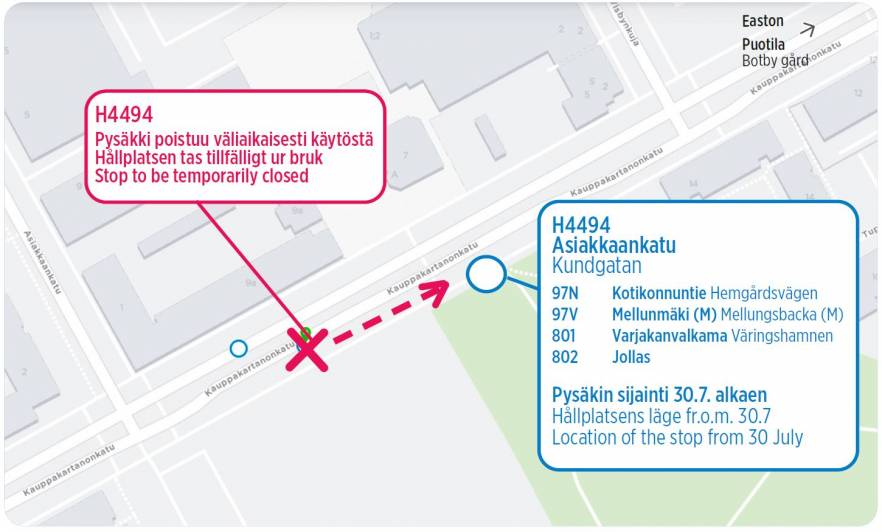 Pysäkki tekstin mukaisesti kartalla