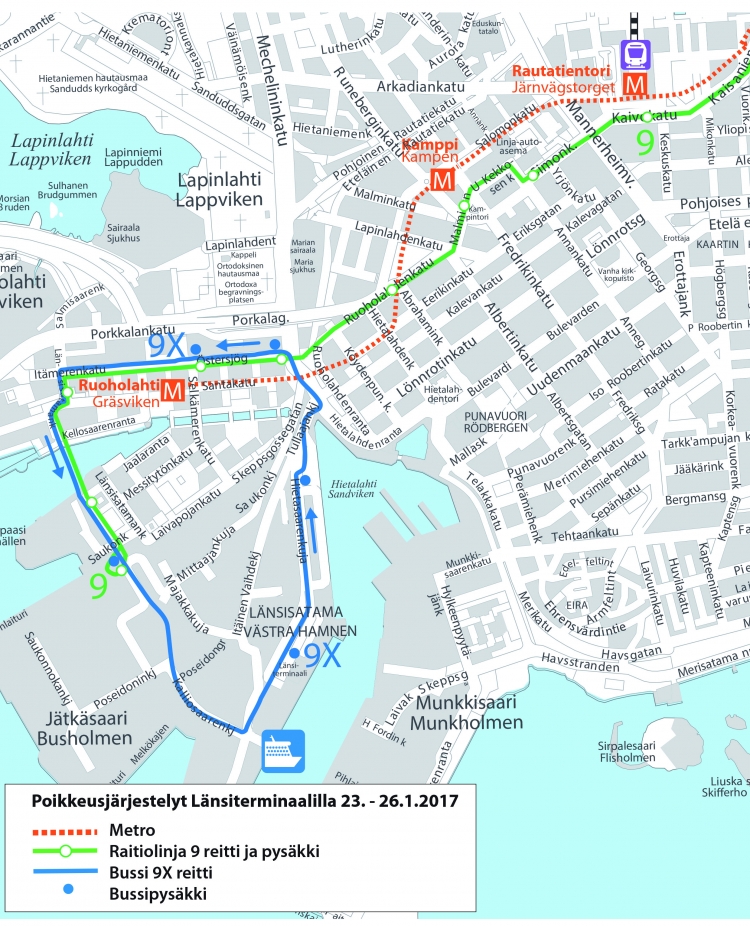 Raitiolinjan 9 ja korvaavan bussilinjan 9X reitti Länsisatamassa 23.-26.1.2017