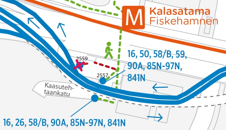 Kalasataman metroaseman pysäkit Itäväylällä 7.11.2016 alkaen