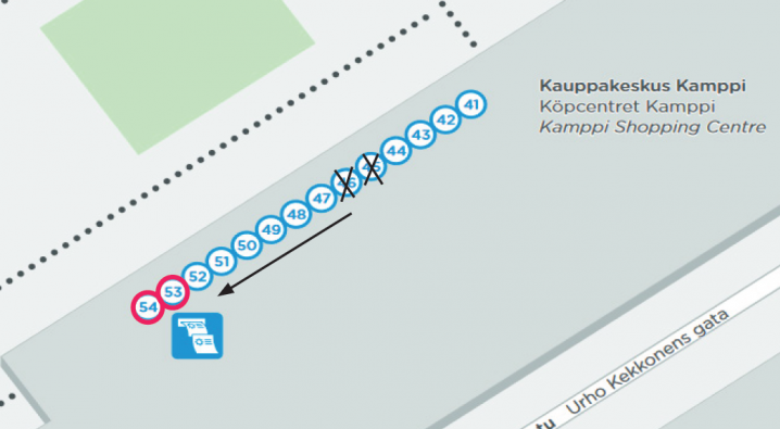 Kampin lähiliikenneterminaalin laiturit 45 ja 46 siirtyvät 20.7-26.7. väliseksi ajaksi