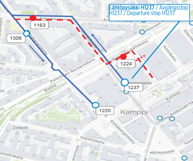 Useat linjat poikkeusreitillä Kampissa neljänä yönä 30.8-4.9.