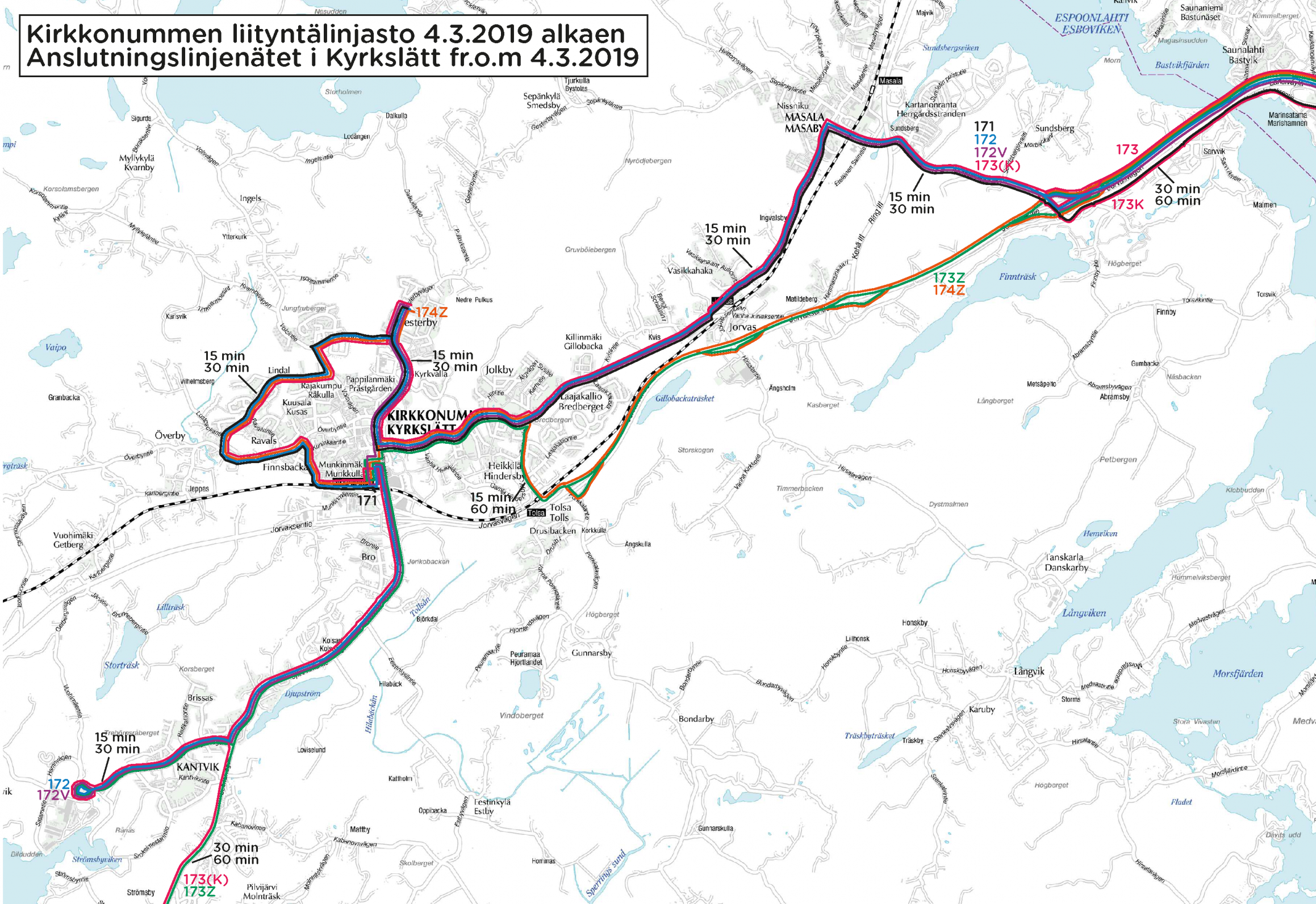 Kirkkonummen liityntälinjojen reitit 4.3.2019 alkaen