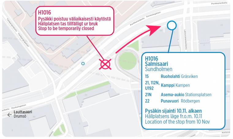 Pysäkin H1016 sijainti tekstin mukaisesti