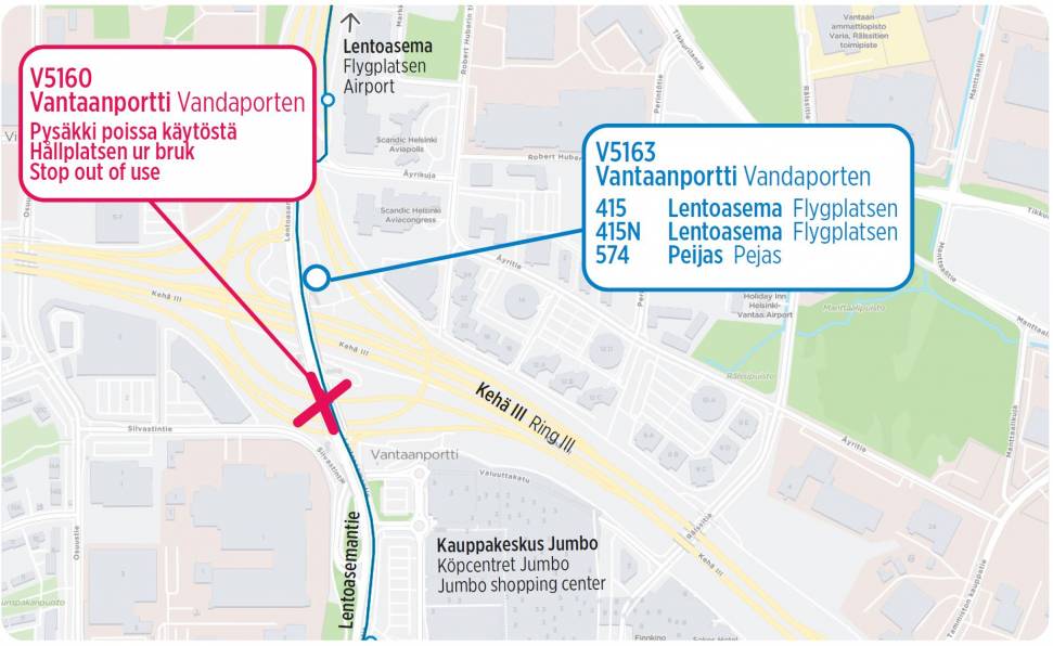 Pysäkki tekstin mukaisesti kartalla