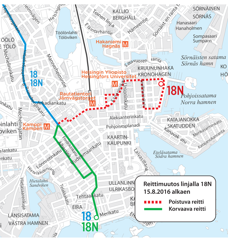 Linjan 18N reitti 15.8.2016 alkaen