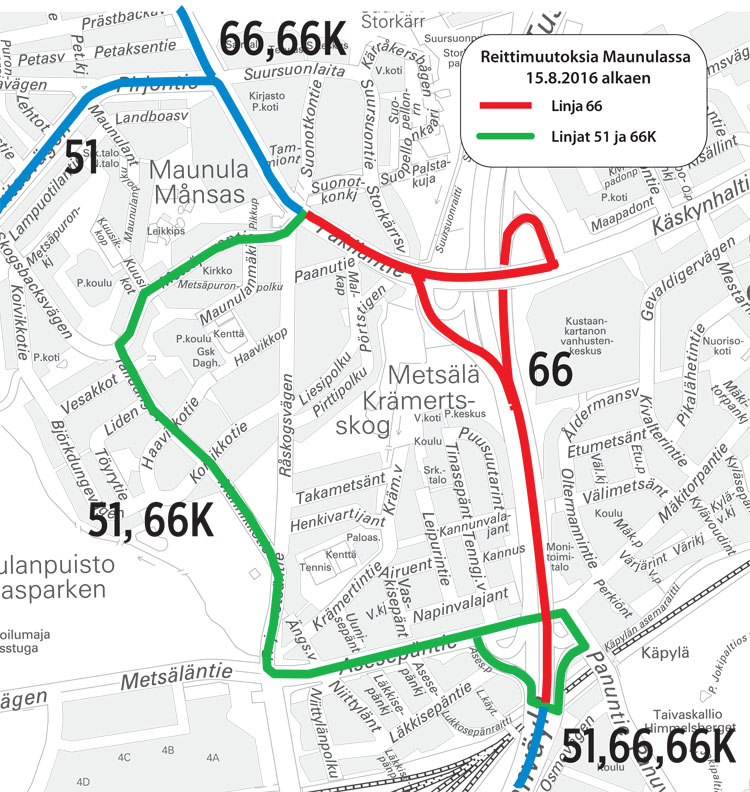 Muutokset Maunulan bussilinjoihin 15.8.2016