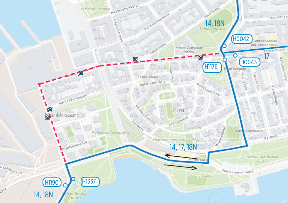 Linjat 11,17 ja 18N poikkeusreitille Munkkisaari ohitetaan 1.7 alkaen