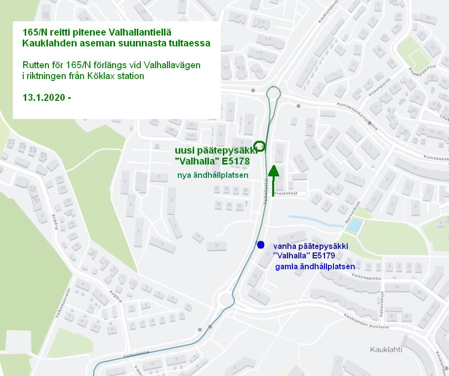 Kartta linjan 165 yhden pysäkinvälin pidennyksestä Valhallantiellä