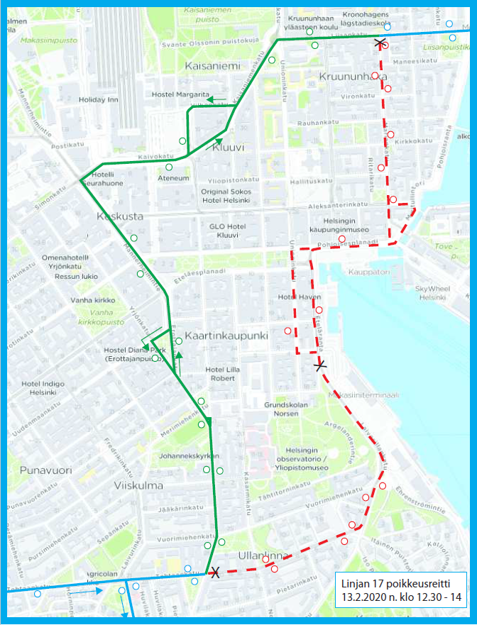 Kartta linjan 17 poikkeusreitistä 13.2.