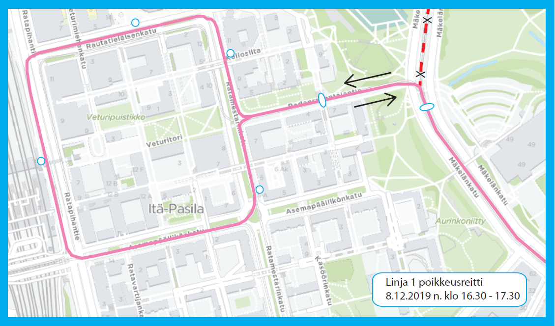 Karttakuva linjan 1 poikkeusreitistä Pasilassa 8.12. klo 16.30-17.30