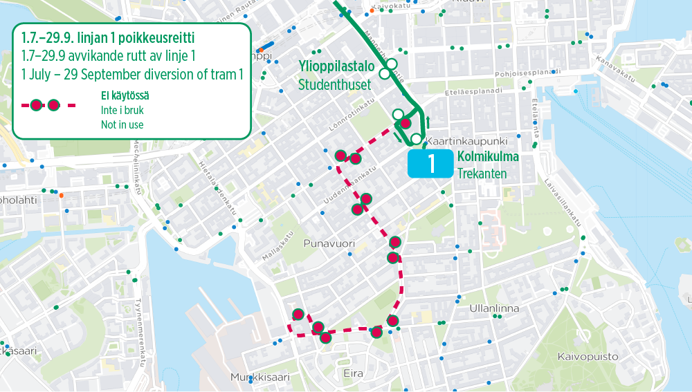 Linja 1 poikkeusreitillä Kolmikulmaan 1.7.-29.9.