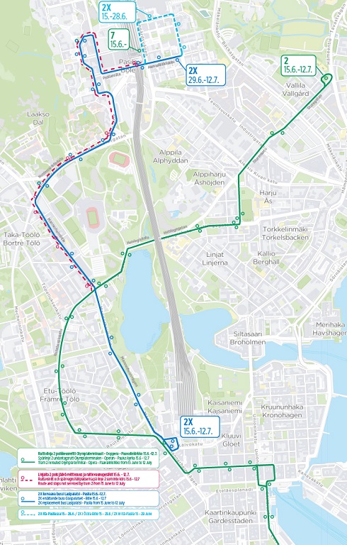 kartta linjan 2 poikkeusreitistä ja korvaavasta bussista 2X