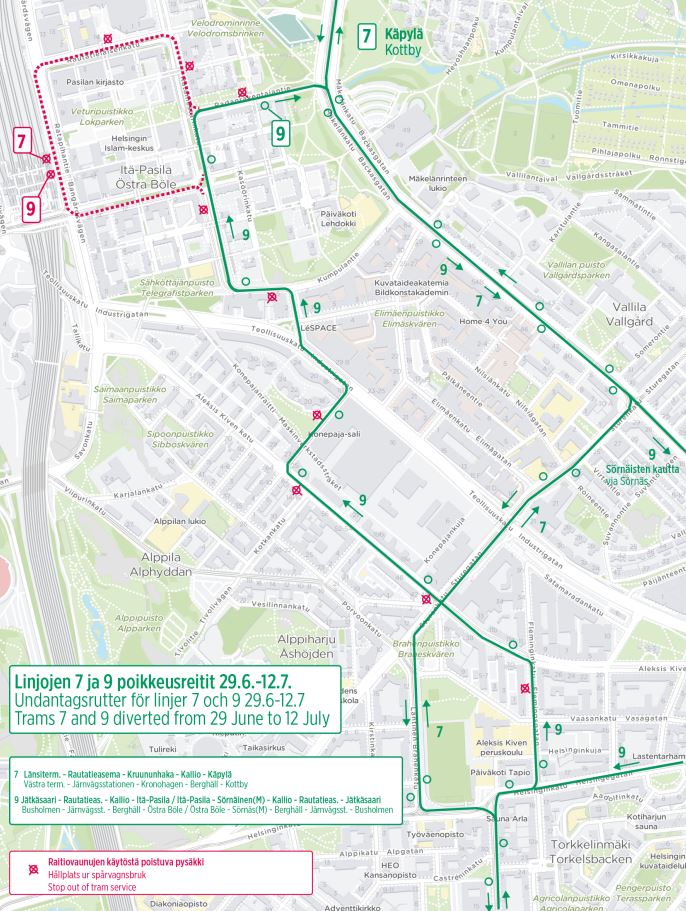 Kartta raitiolinjojen 2, 3, 4, 5 ja 7 ja 9 poikkeusreiteistä