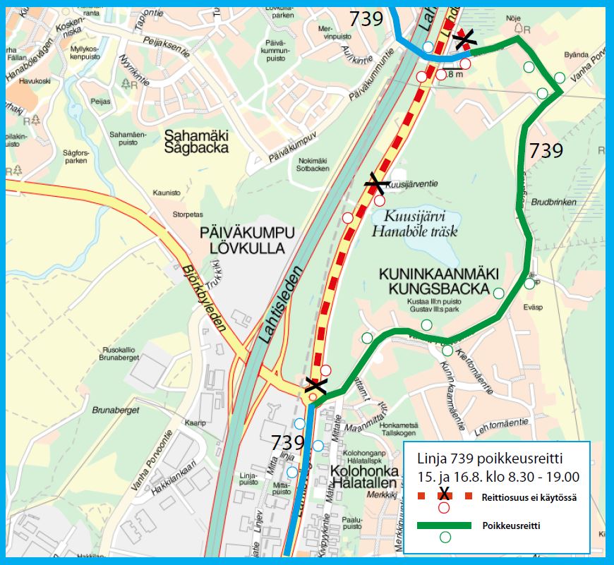 Kartta linjan 739 poikkeusreitistä