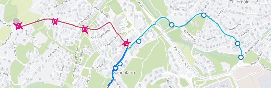 Kartta linjojen 124K, 164A ja 164VA poikkeusreitistä