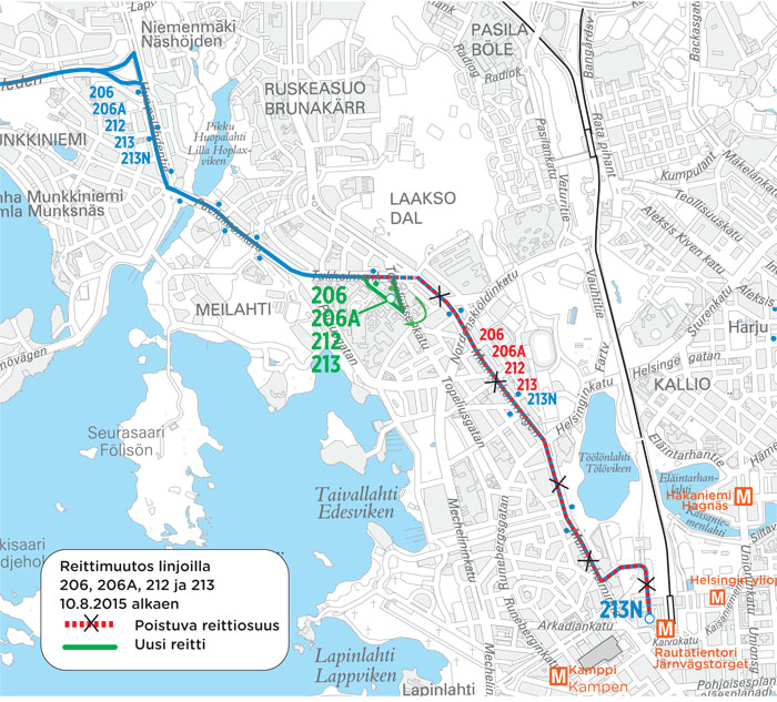 Linjojen 206, 206A, 212 ja 213 päätepysäkki siirtyy Meilahteen 10.8.