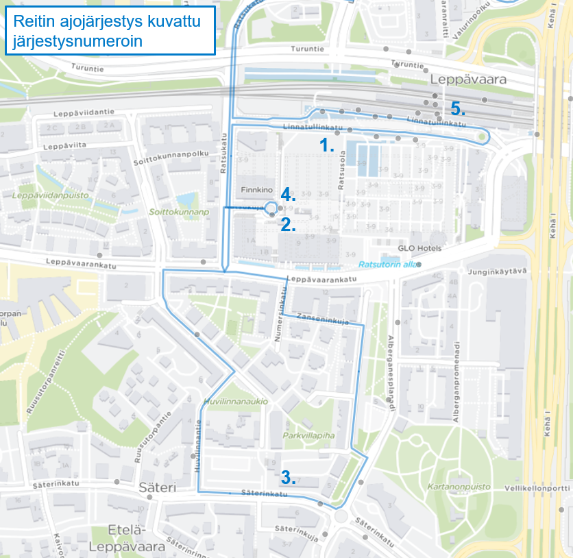 Kartta lähibussin 207 reitistä ja ajojärjestyksestä Etelä-Leppävaarassa