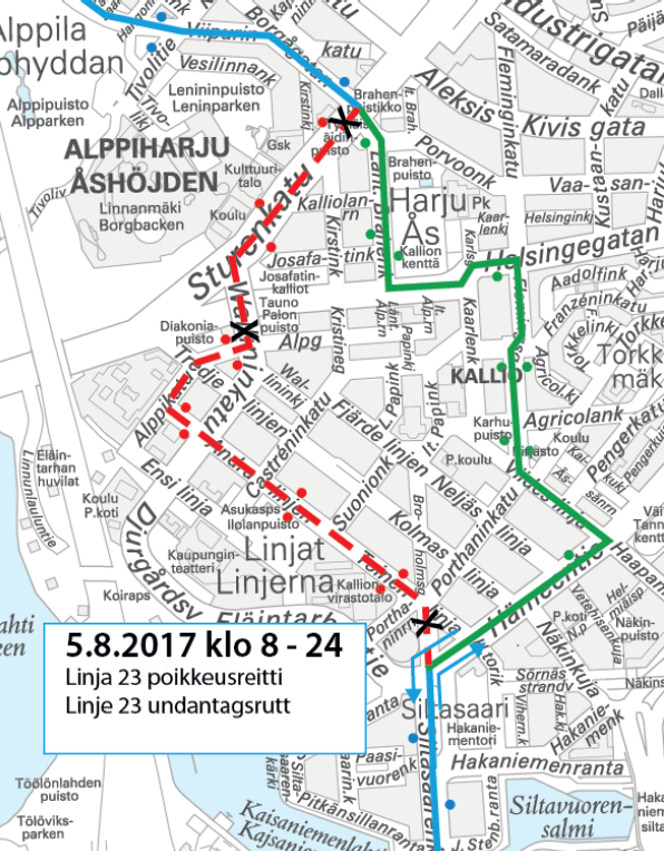 Linjan 23 poikkeusreitti Karhupuiston ja Urheilutalon kautta