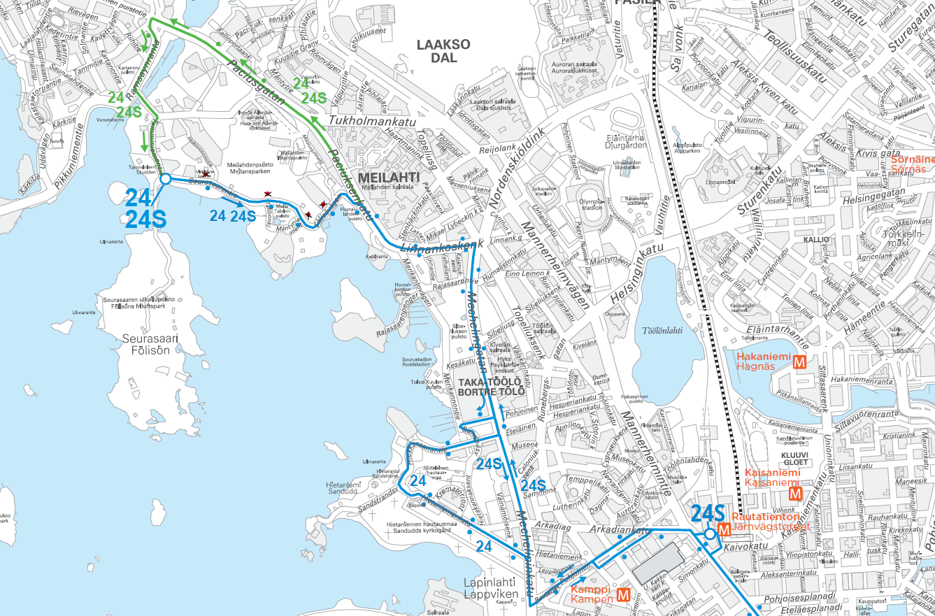 Karttakuva linjojen 24 ja 24S reitistä 15.12. klo 8-19