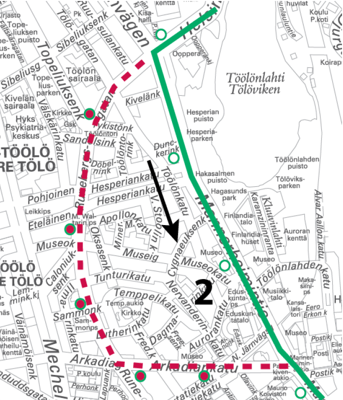 Linja 2 ajaa suoraan Mannerheimintietä pitkin Olympiaterminaalin suuntaan 15.-16.10. yönä klo 24 alkaen
