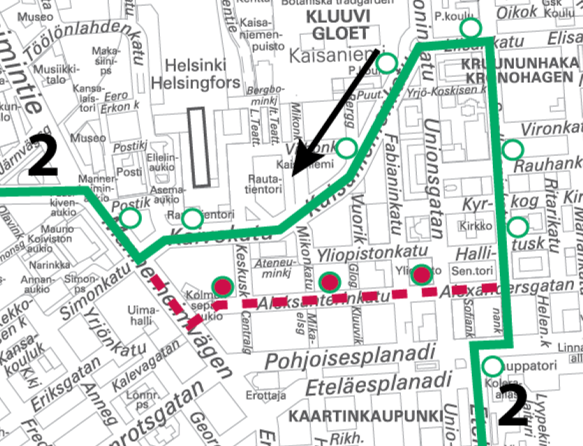 Linja 2 poikkeusreitillä 21.-22.10. ja 22.-23.10. välisinä öinä klo 22 alkaen