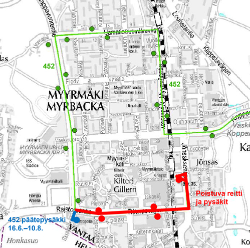 Bussi 452 poikkeusreitti Myyrmäessä 16.6. - 10.8.2014