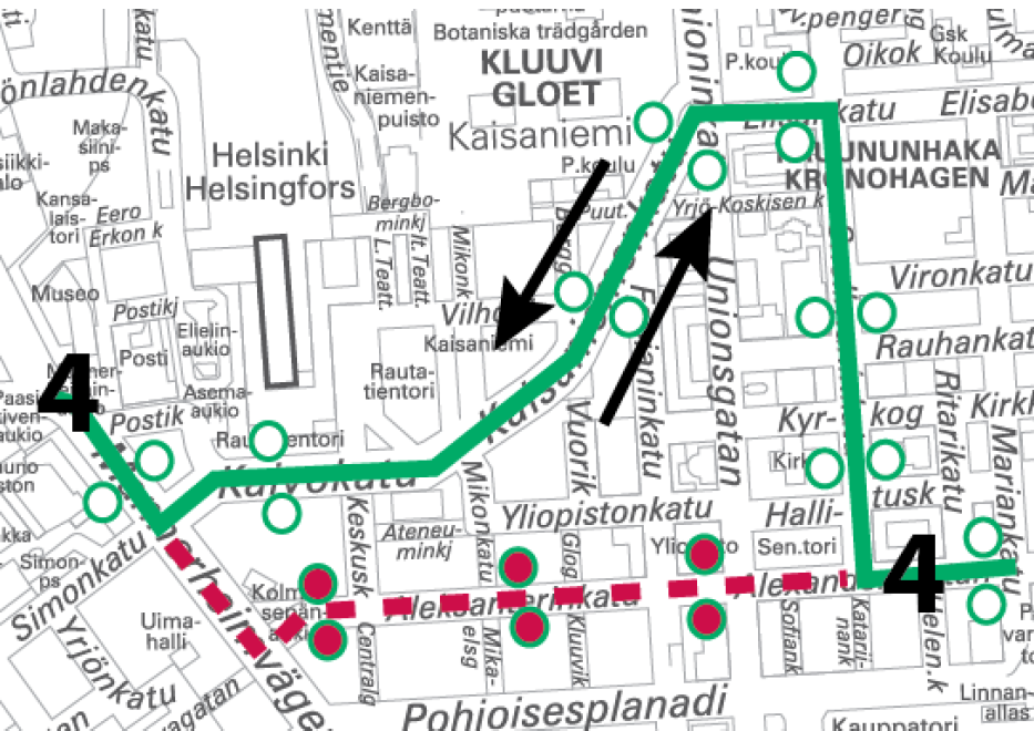 Linja 4 poikkeusreitillä 21.-22.10. ja 22.-23.10. välisinä öinä klo 22 alkaen