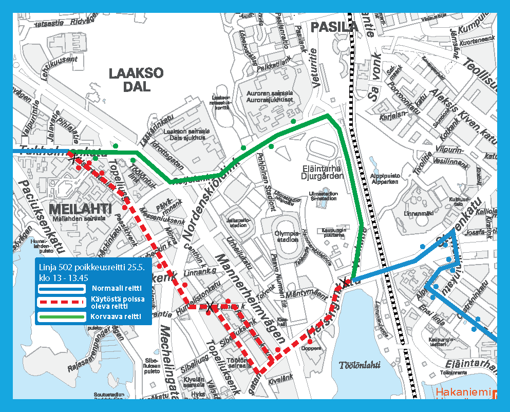 Lähdöt Merihaasta klo 12.44 ja 13.14 sekä Leppävaarasta klo 12.29 ja 12.59 ajetaan reittiä: …Helsinginkatu – Vauhtitie – Nordenskiöldinkatu – Reijolankatu - Mannerheimintie – Tukholmankatu