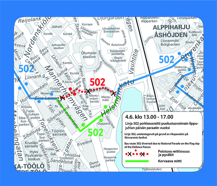 Linjan 502 poikkeusreitti Töölössä 4.6.2017 kello 13-17
