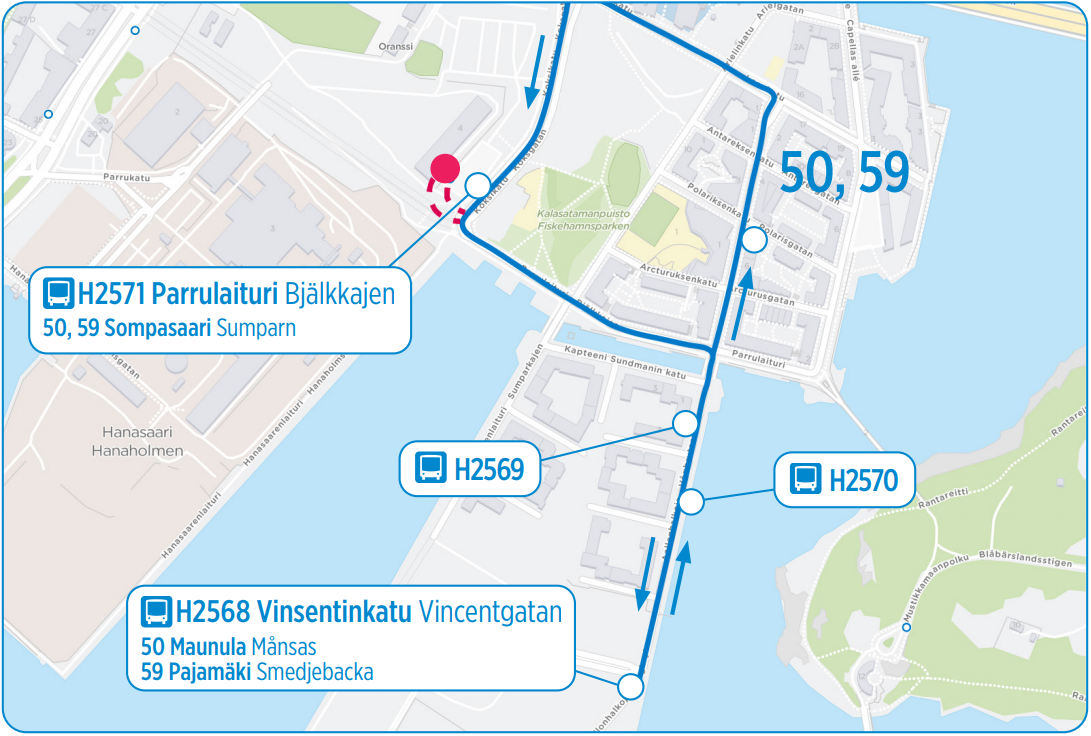 Karttakuva linjojen 50 ja 59 uudesta reitistä Sompasaareen 1.1. alkaen