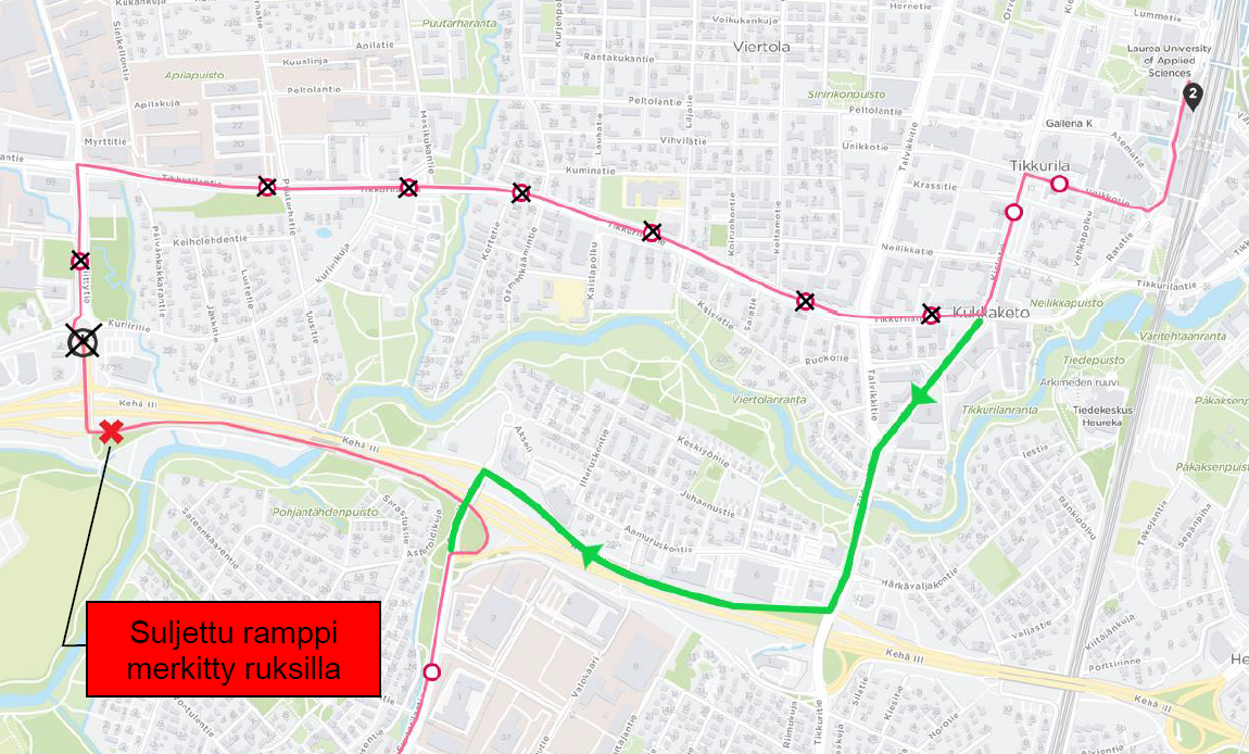 Linja 611 poikkeusreitillä 11.-12.7. klo 21-06