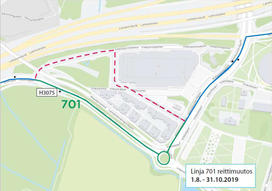 701 siirtyy poikkeusreitille Viikissä 1.8. alkaen