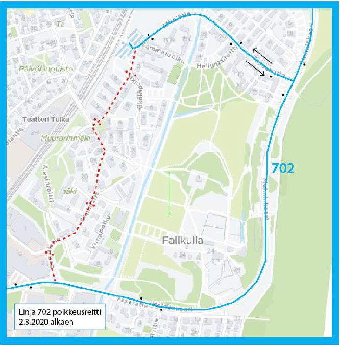 Kartta linjan 702 poikkeusreitistä Fallkullassa 2.3. alkaen