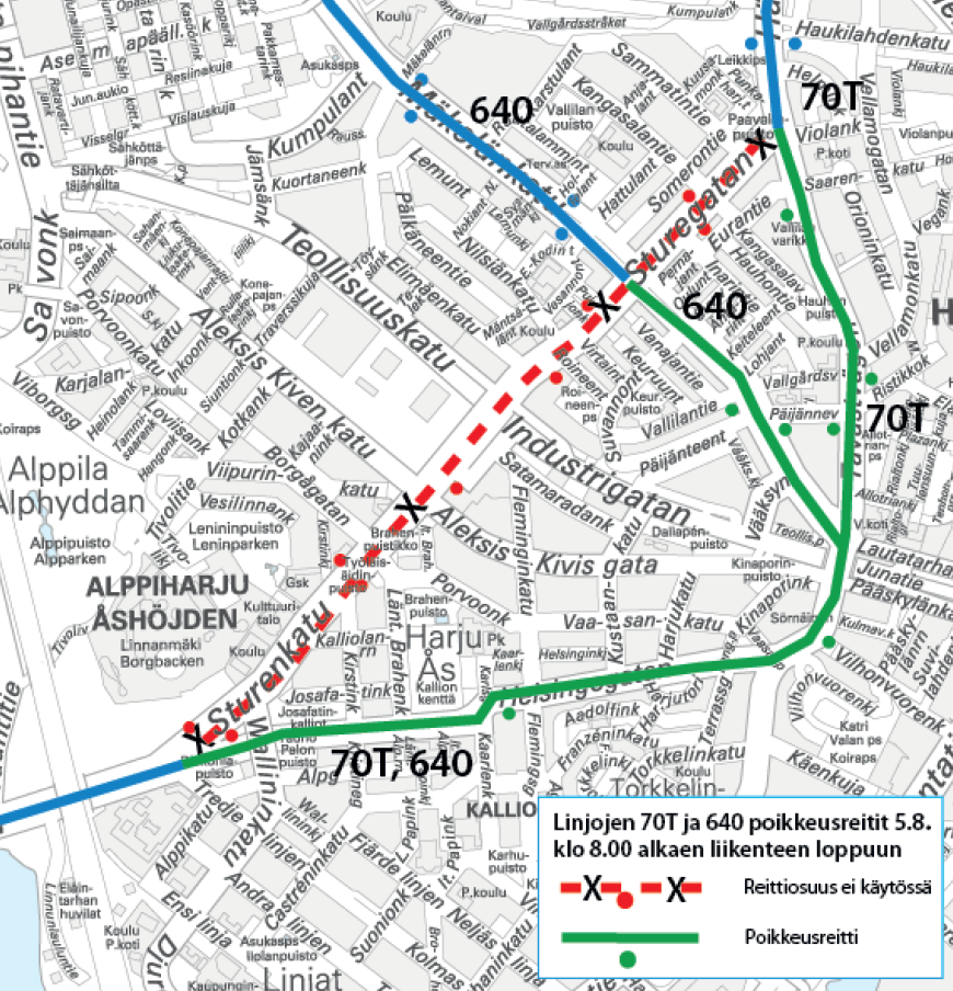 Bussien 70T ja 640 reitti Helsinginkatua pitkin Sörnäisten metroasemalle ja siitä Hämeenkatua/Mäkelänkatua omalle reitille