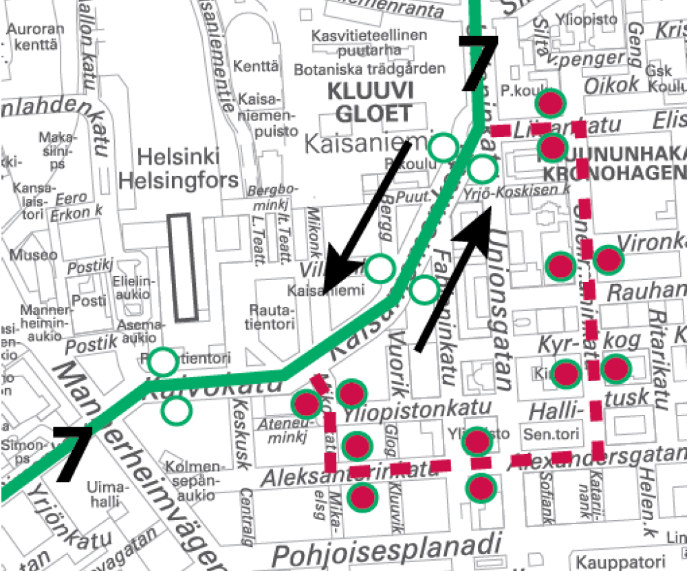 Raitiolinja 7 poikkeusreitillä 21.-22.10. ja 22.-23.10. välisinä öinä klo 22 alkaen