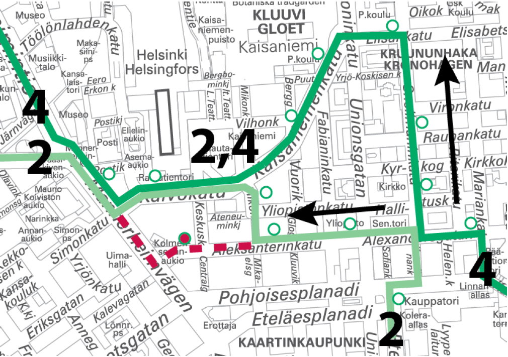 Raitiolinjat 2 ja 4 poikkeusreitillä Länsi-Pasilan ja Munkkiniemen suuntaan 7.-8.5. välisenä yönä.