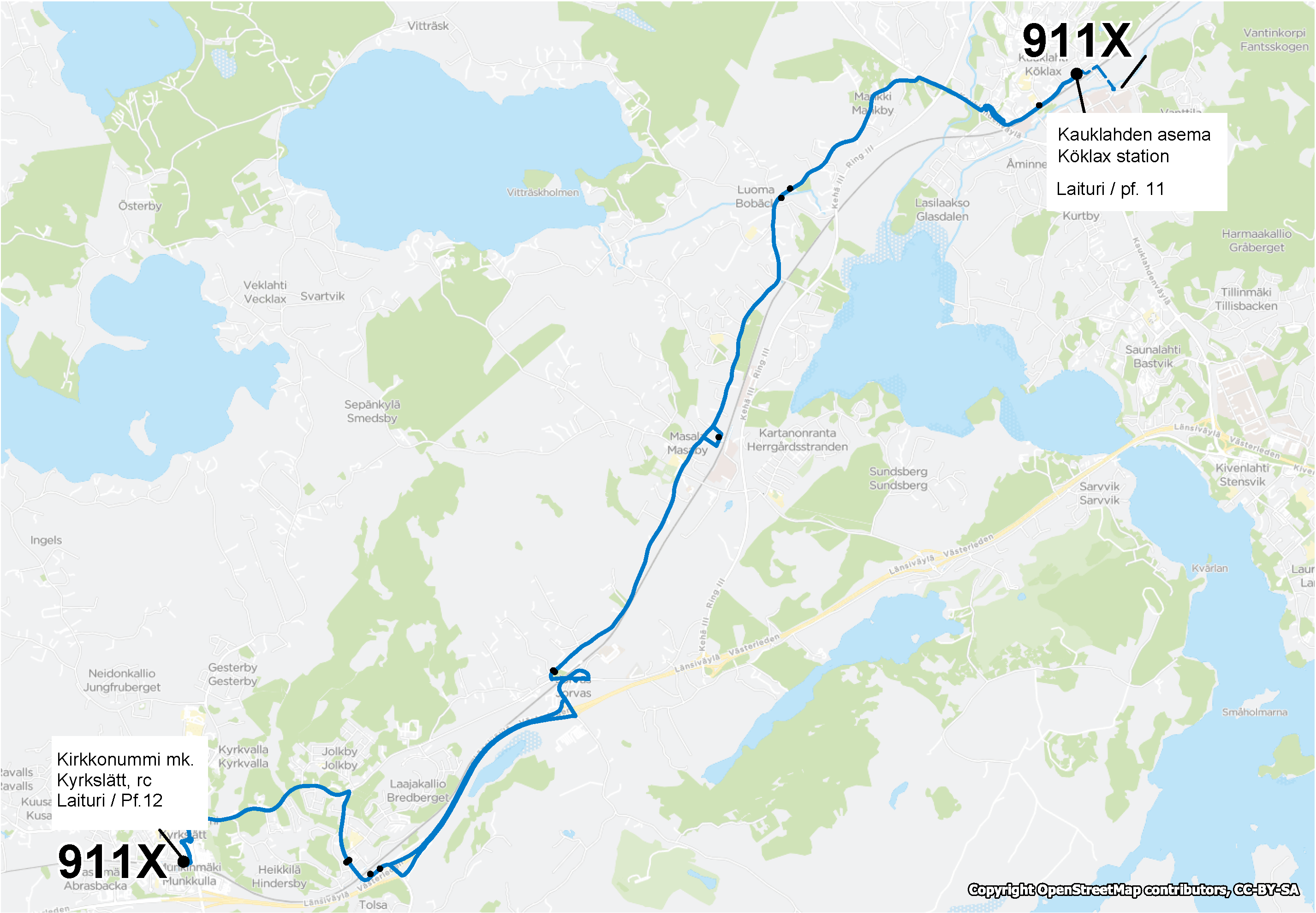 Junaa korvaavan linjan 911X reitti Kauklahti-Kirkkonummi