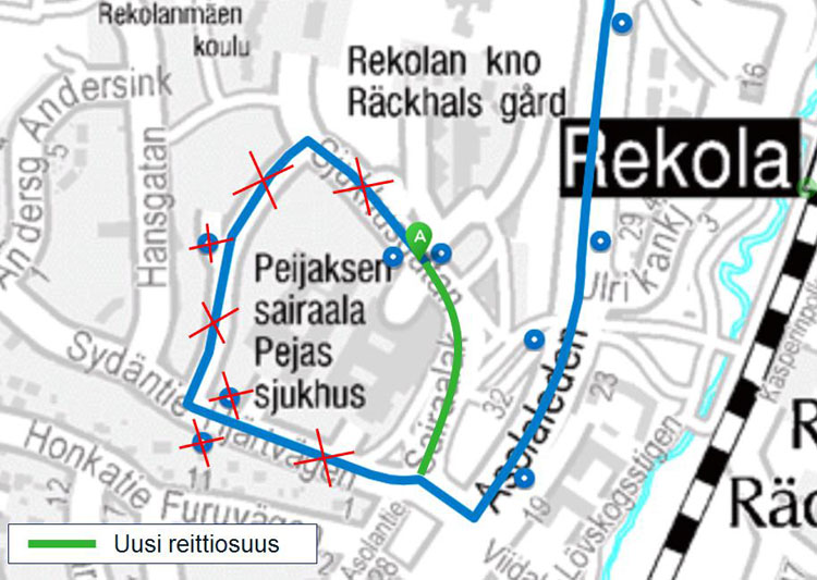 Linjan 973 reitti Peijaksessa 19.8. alkaen