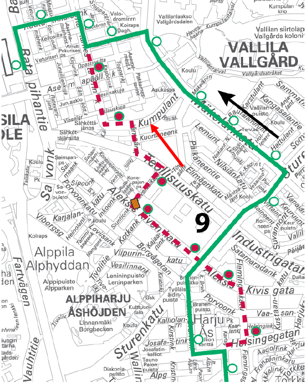 Linja 9 poikkeusreitillä 13.-14.10. yönä klo 00 alkaen