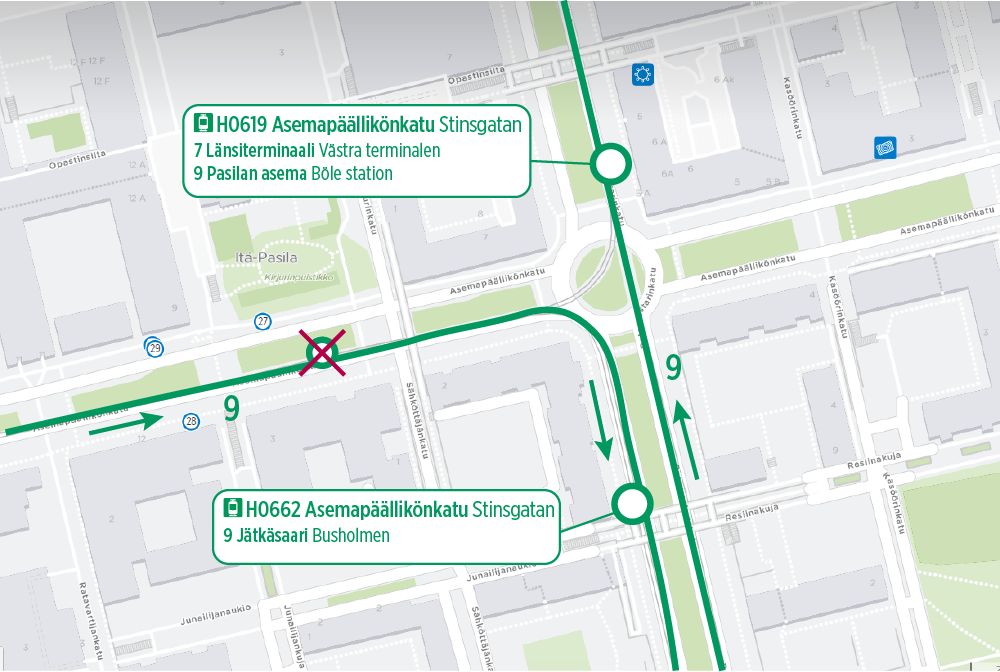 Raitiolinjan 9 pysäkkimuutokset 21.10. alkaen Pasilassa