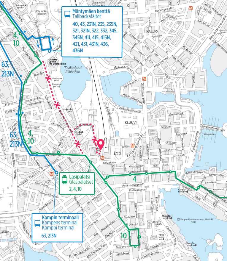 Uudenvuodenyön poikkeusreitti tekstin mukaisesti kartalla. Tiedot myös Reittioppaassa.