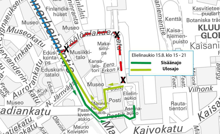 Elielinaukion bussien poikkeusjärjestelyt Helsinki City Marathonin aikana.