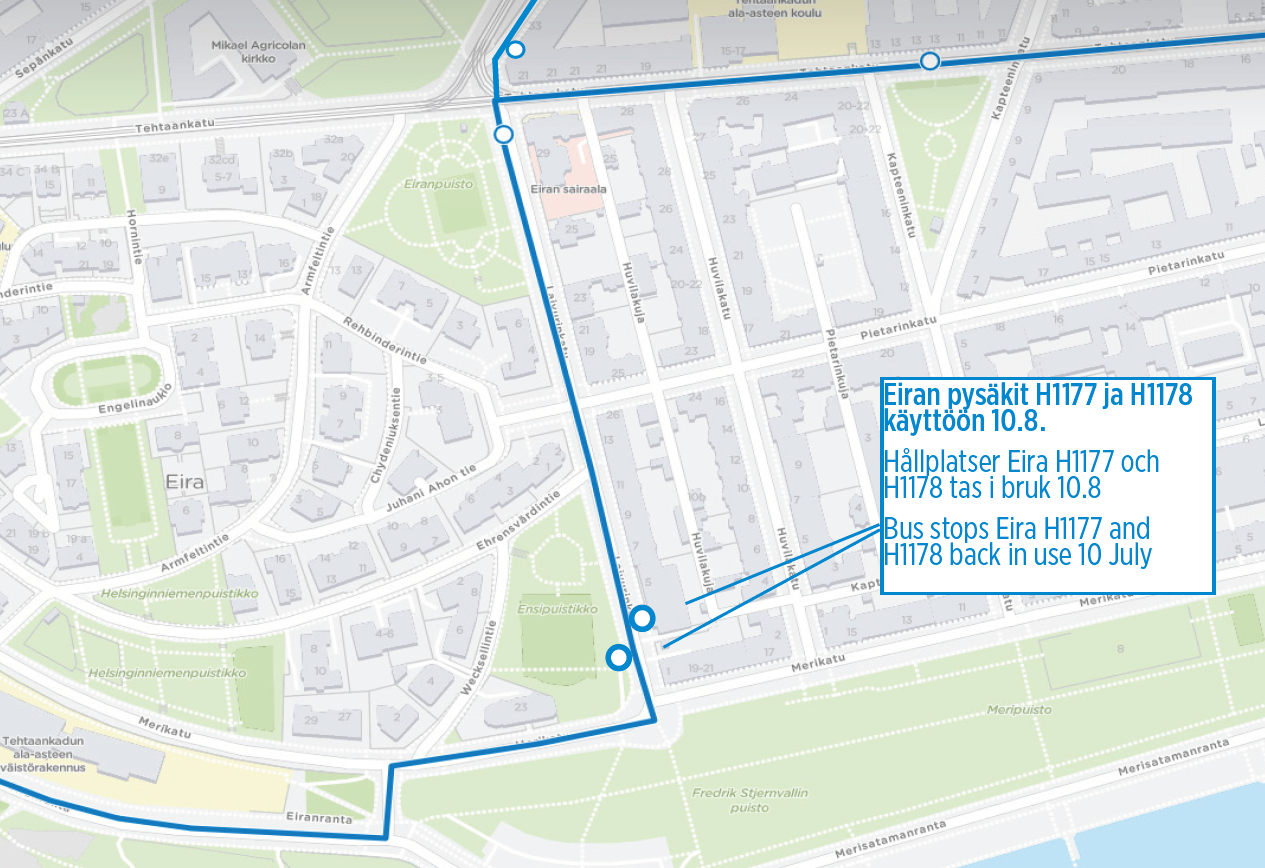 Pysäkit Eirassa H1177, H1178 käyttöön linjoille 14,17,18N