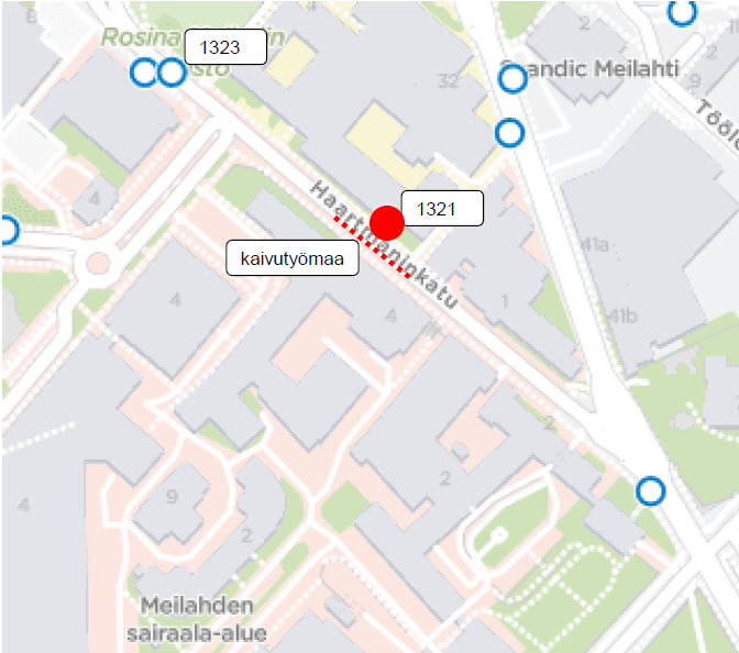 Kartta suljetusta pysäkistä Naistenklinikka H1321 9.-16.2.