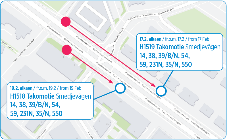 Kartta Takomotien pysäkkien väliaikaisista paikoista 17.2.2020 alkaen