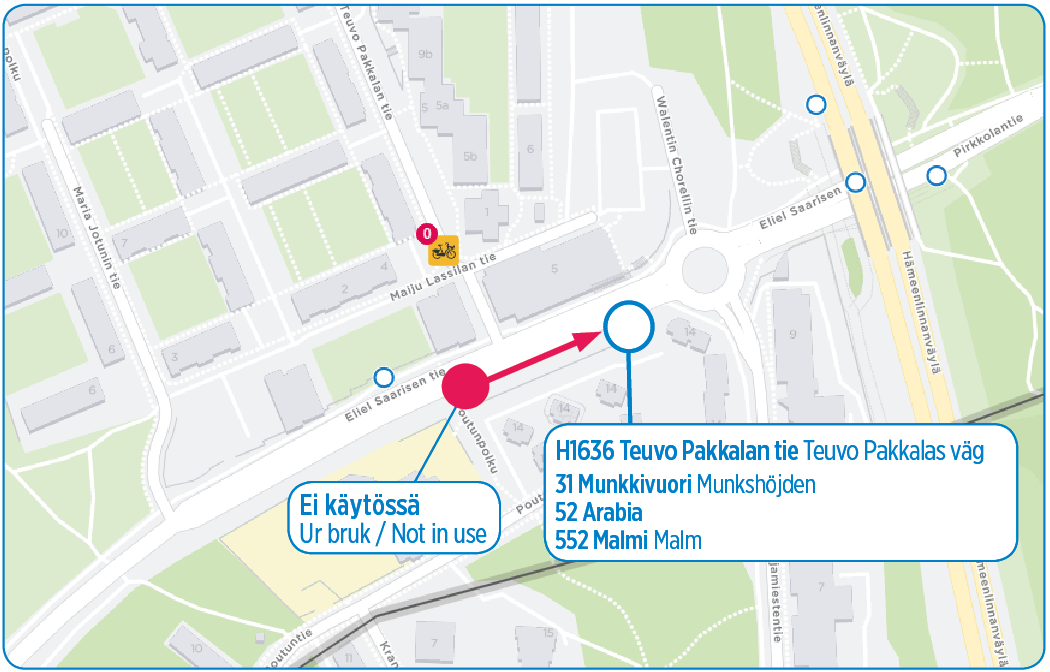 H1636 Teuvo Pakkalan tie siirtyy noin 100 m Pirkkolan suuntaan ke 11.9.