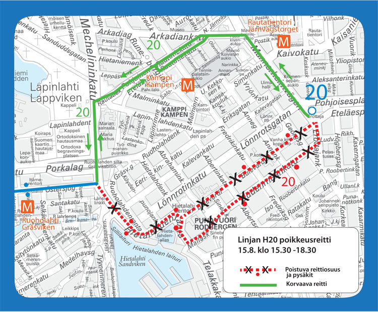 Linjan 20 poikkeusreitti Kampissa Helsinki City Marathonin aikana.